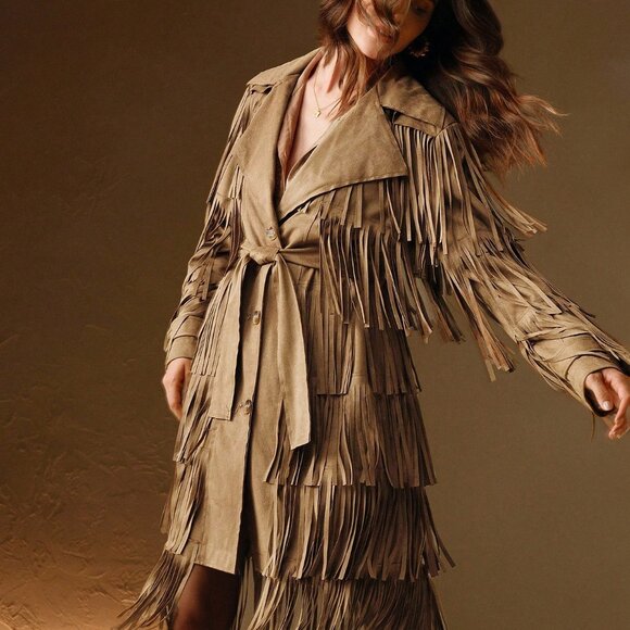 Camel Party Women's Lapel Necklong Sleeve Fringe Design Jacket - Picture 6 of 8